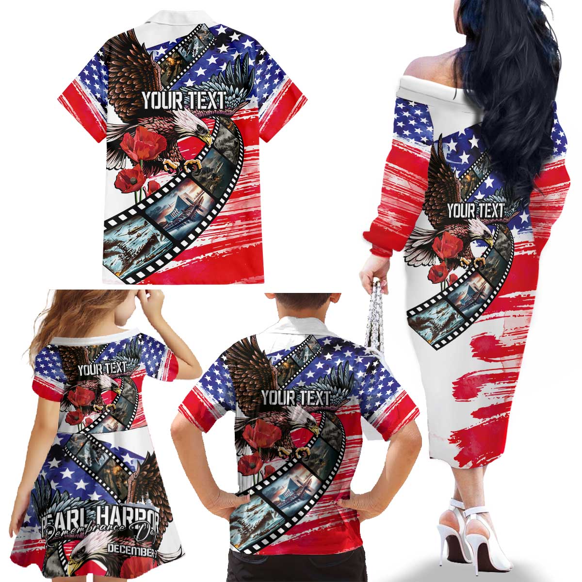 Pearl Harbor Remembrance Day Personalized Family Matching Off The Shoulder Long Sleeve Dress and Hawaiian Shirt Lest We Forget - The Bald Eagle Remembers - Polynesian Pride