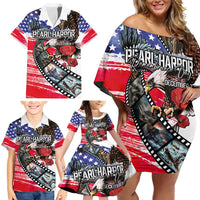 Pearl Harbor Remembrance Day Personalized Family Matching Off Shoulder Short Dress and Hawaiian Shirt Lest We Forget - The Bald Eagle Remembers - Polynesian Pride