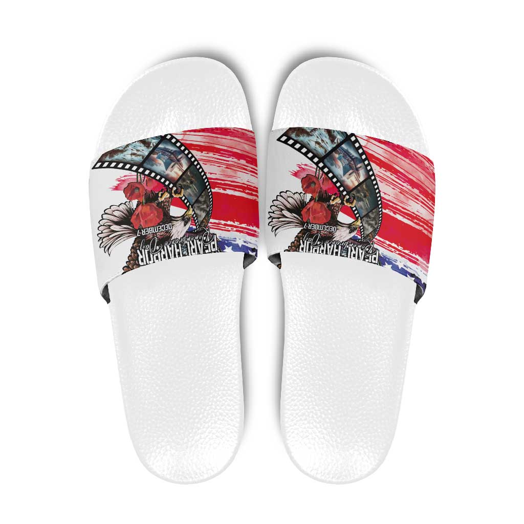 Pearl Harbor Remembrance Day Slide Sandals Lest We Forget - The Bald Eagle Remembers - Polynesian Pride