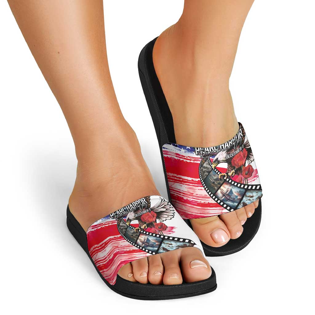 Pearl Harbor Remembrance Day Slide Sandals Lest We Forget - The Bald Eagle Remembers - Polynesian Pride