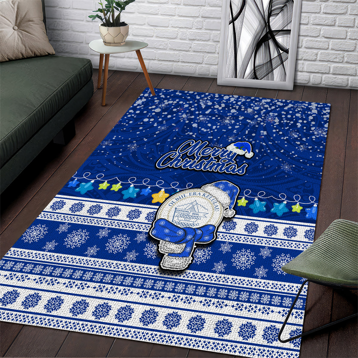 Palau Christmas Area Rug Snowman Hugs Palau Coat of Arms Maori Pattern Blue Style LT03 Blue - Polynesian Pride