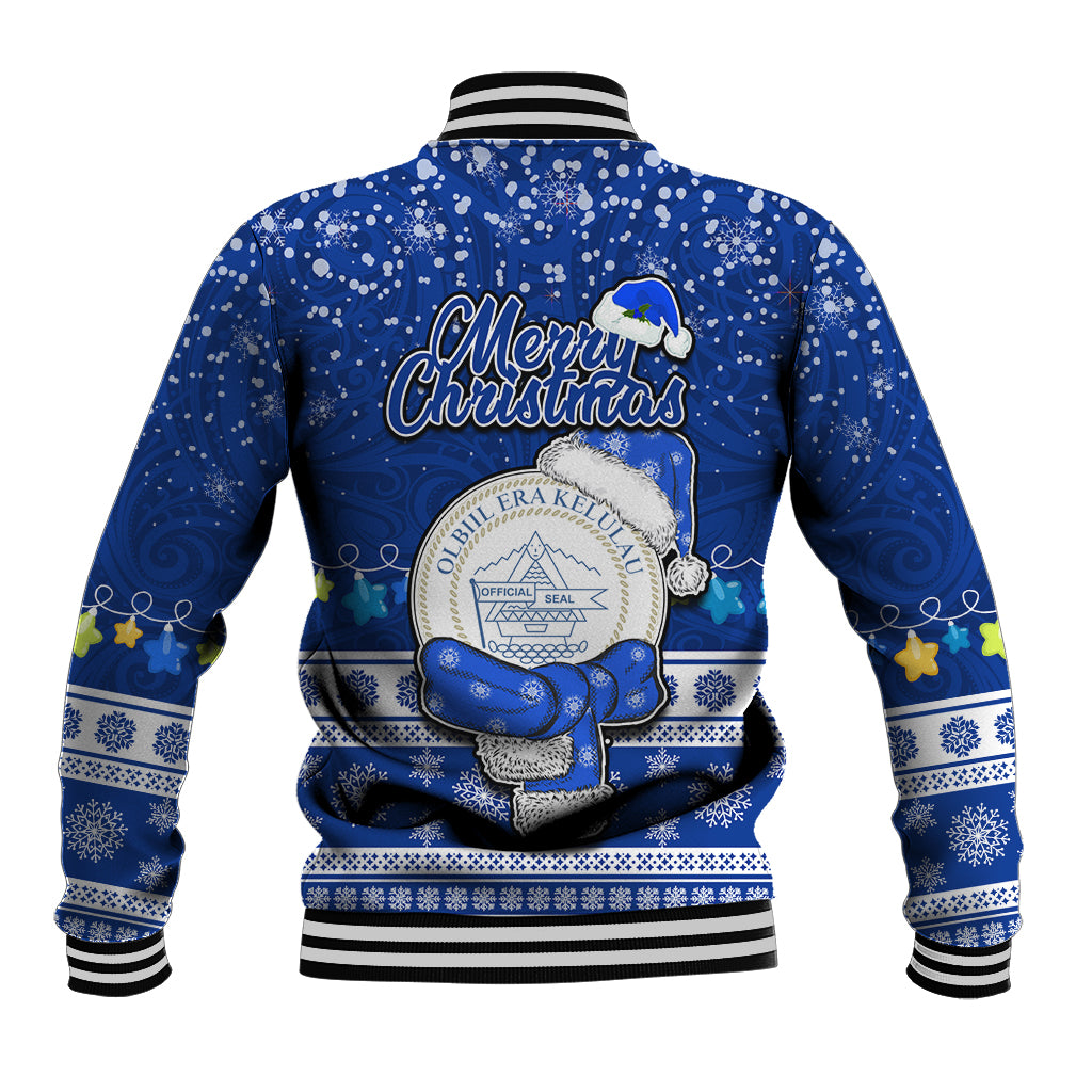 Palau Christmas Baseball Jacket Snowman Hugs Palau Coat of Arms Maori Pattern Blue Style LT03 - Polynesian Pride