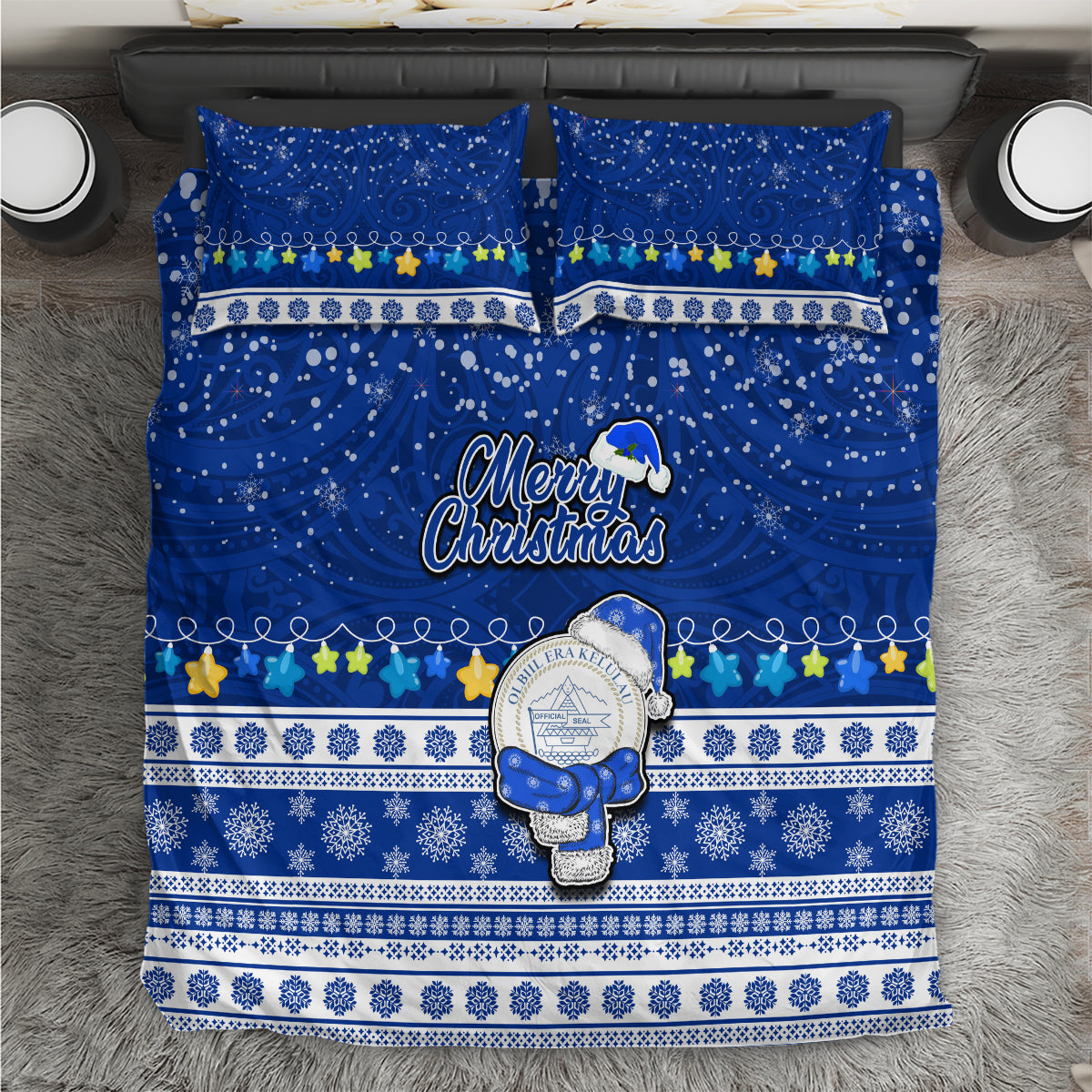 Palau Christmas Bedding Set Snowman Hugs Palau Coat of Arms Maori Pattern Blue Style LT03 Blue - Polynesian Pride