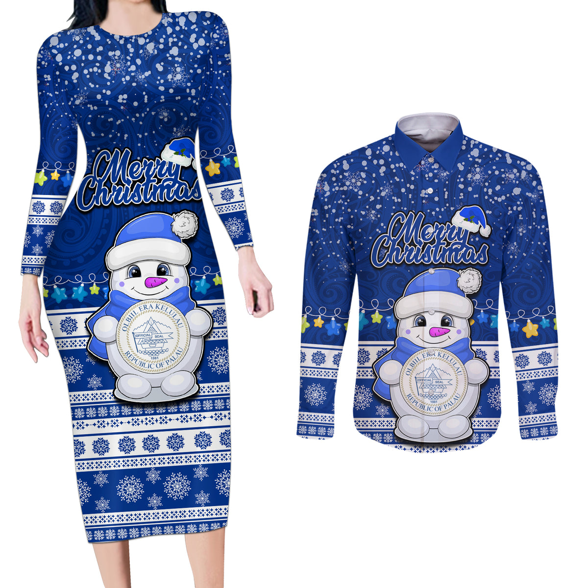 Palau Christmas Couples Matching Long Sleeve Bodycon Dress and Long Sleeve Button Shirt Snowman Hugs Palau Coat of Arms Maori Pattern Blue Style LT03 Blue - Polynesian Pride