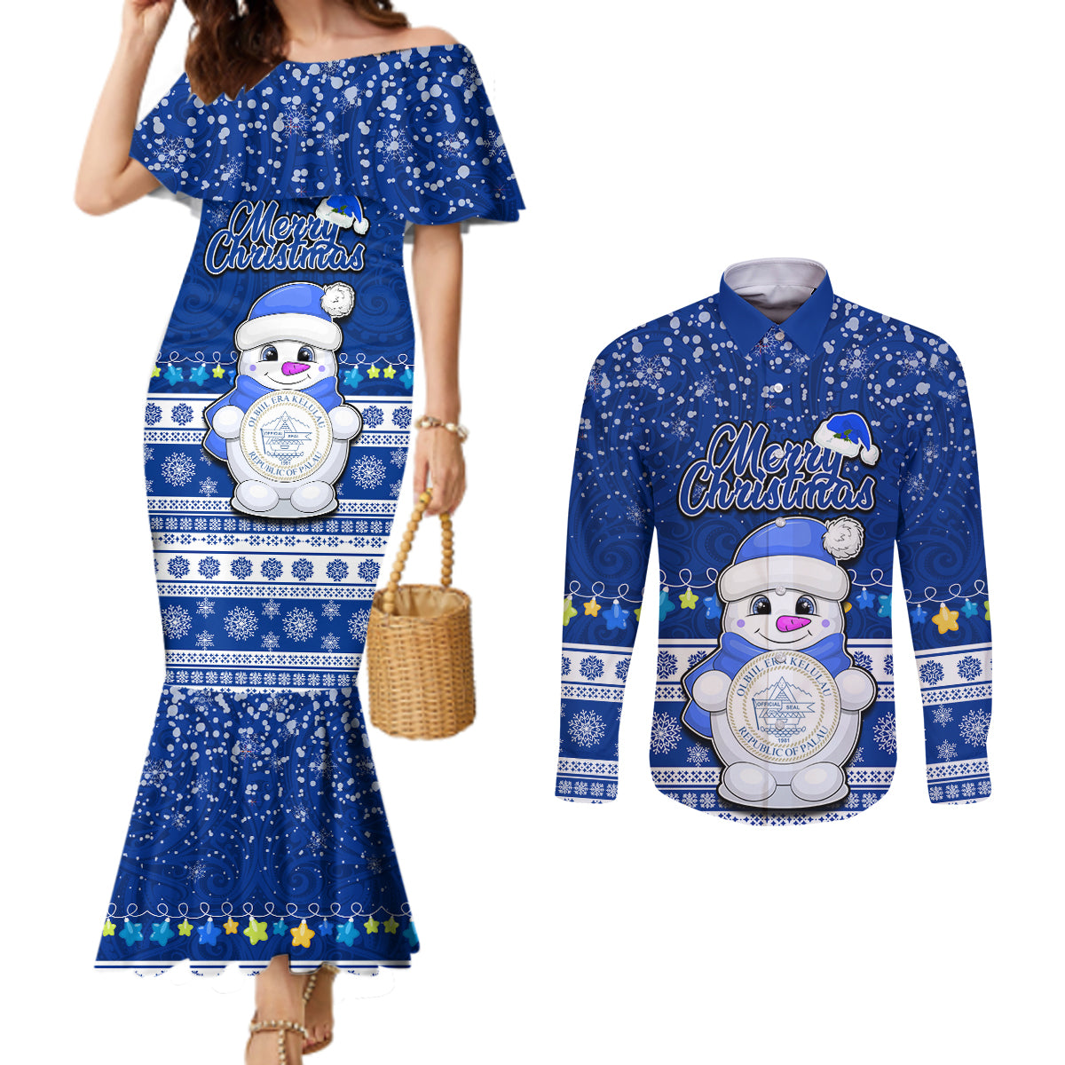Palau Christmas Couples Matching Mermaid Dress and Long Sleeve Button Shirt Snowman Hugs Palau Coat of Arms Maori Pattern Blue Style LT03 Blue - Polynesian Pride