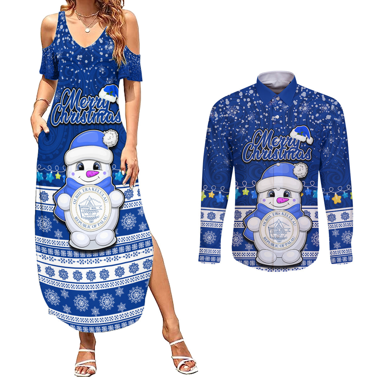 Palau Christmas Couples Matching Summer Maxi Dress and Long Sleeve Button Shirt Snowman Hugs Palau Coat of Arms Maori Pattern Blue Style LT03 Blue - Polynesian Pride