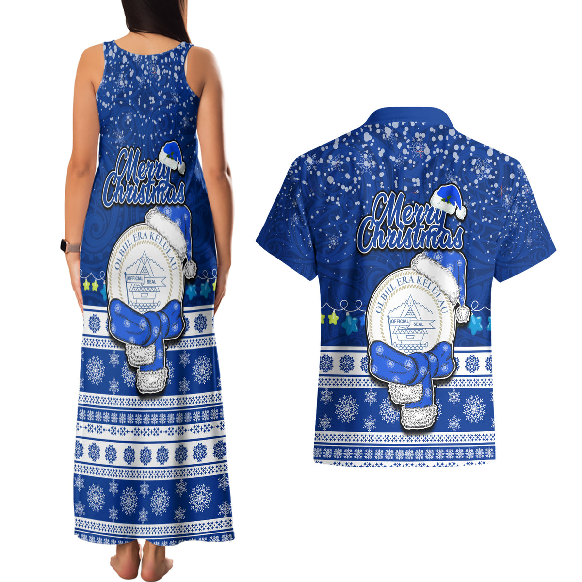 Palau Christmas Couples Matching Tank Maxi Dress and Hawaiian Shirt Snowman Hugs Palau Coat of Arms Maori Pattern Blue Style LT03 - Polynesian Pride