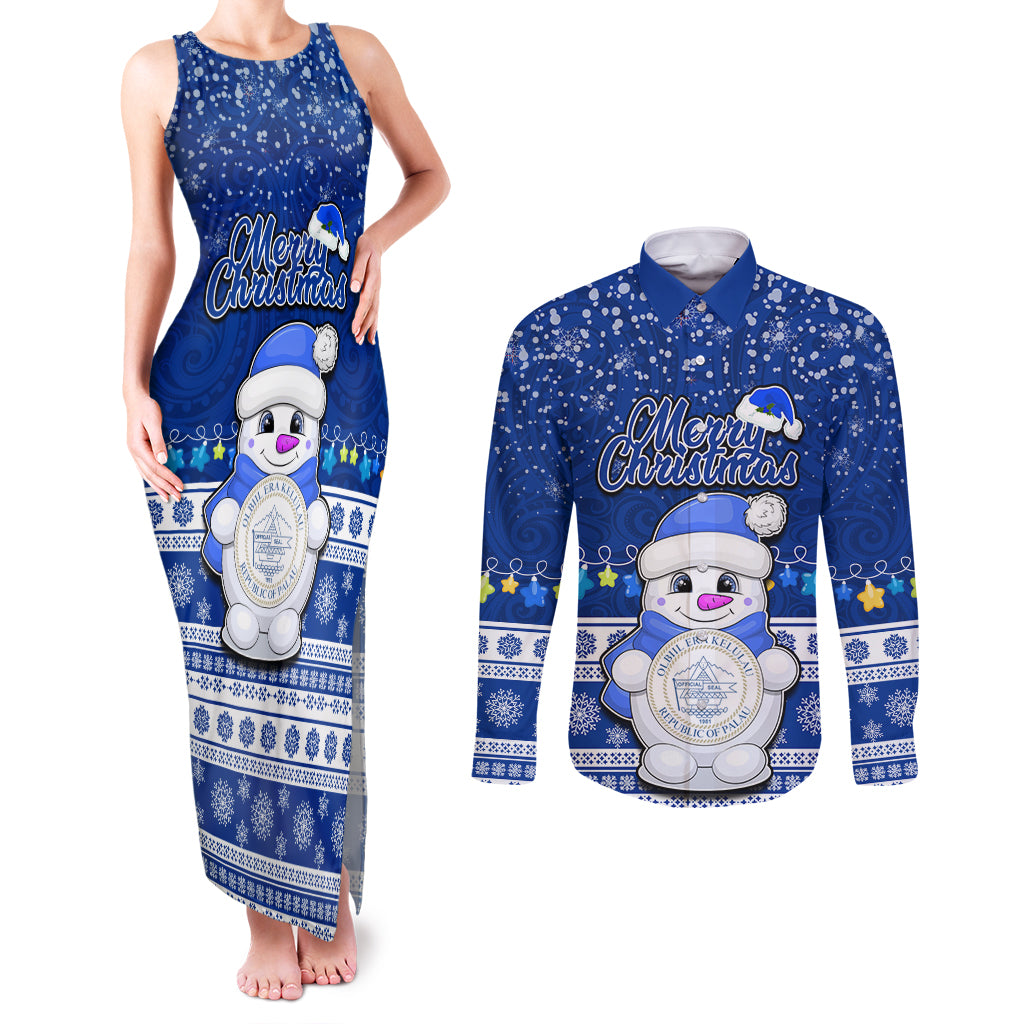 Palau Christmas Couples Matching Tank Maxi Dress and Long Sleeve Button Shirt Snowman Hugs Palau Coat of Arms Maori Pattern Blue Style LT03 Blue - Polynesian Pride