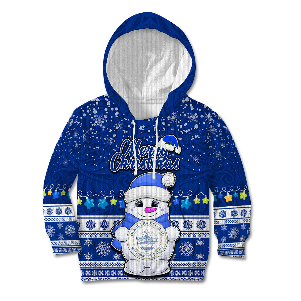 Palau Christmas Kid Hoodie Snowman Hugs Palau Coat of Arms Maori Pattern Blue Style LT03 Hoodie Blue - Polynesian Pride