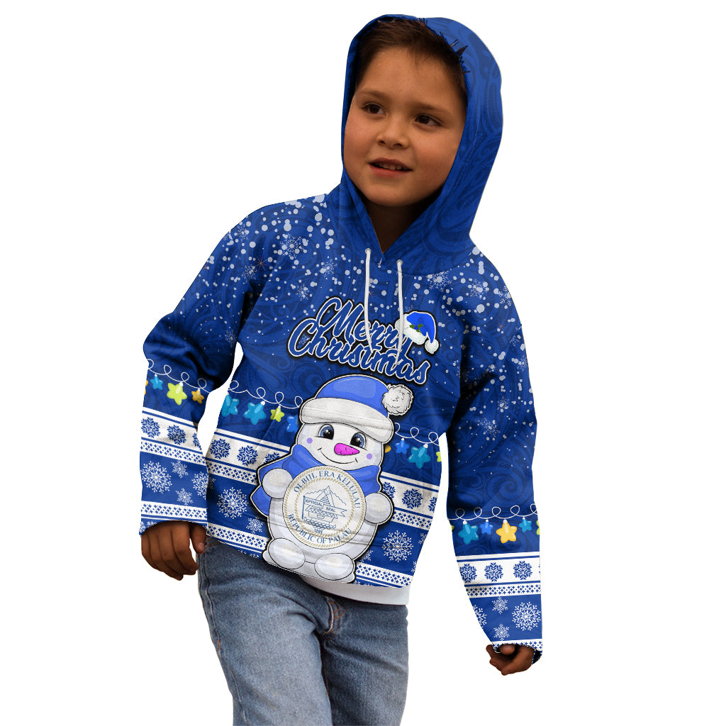 Palau Christmas Kid Hoodie Snowman Hugs Palau Coat of Arms Maori Pattern Blue Style LT03 - Polynesian Pride
