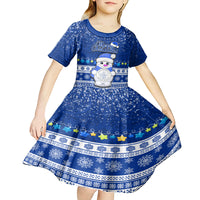 Palau Christmas Kid Short Sleeve Dress Snowman Hugs Palau Coat of Arms Maori Pattern Blue Style LT03 - Polynesian Pride