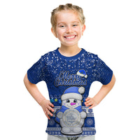 Palau Christmas Kid T Shirt Snowman Hugs Palau Coat of Arms Maori Pattern Blue Style LT03 Blue - Polynesian Pride