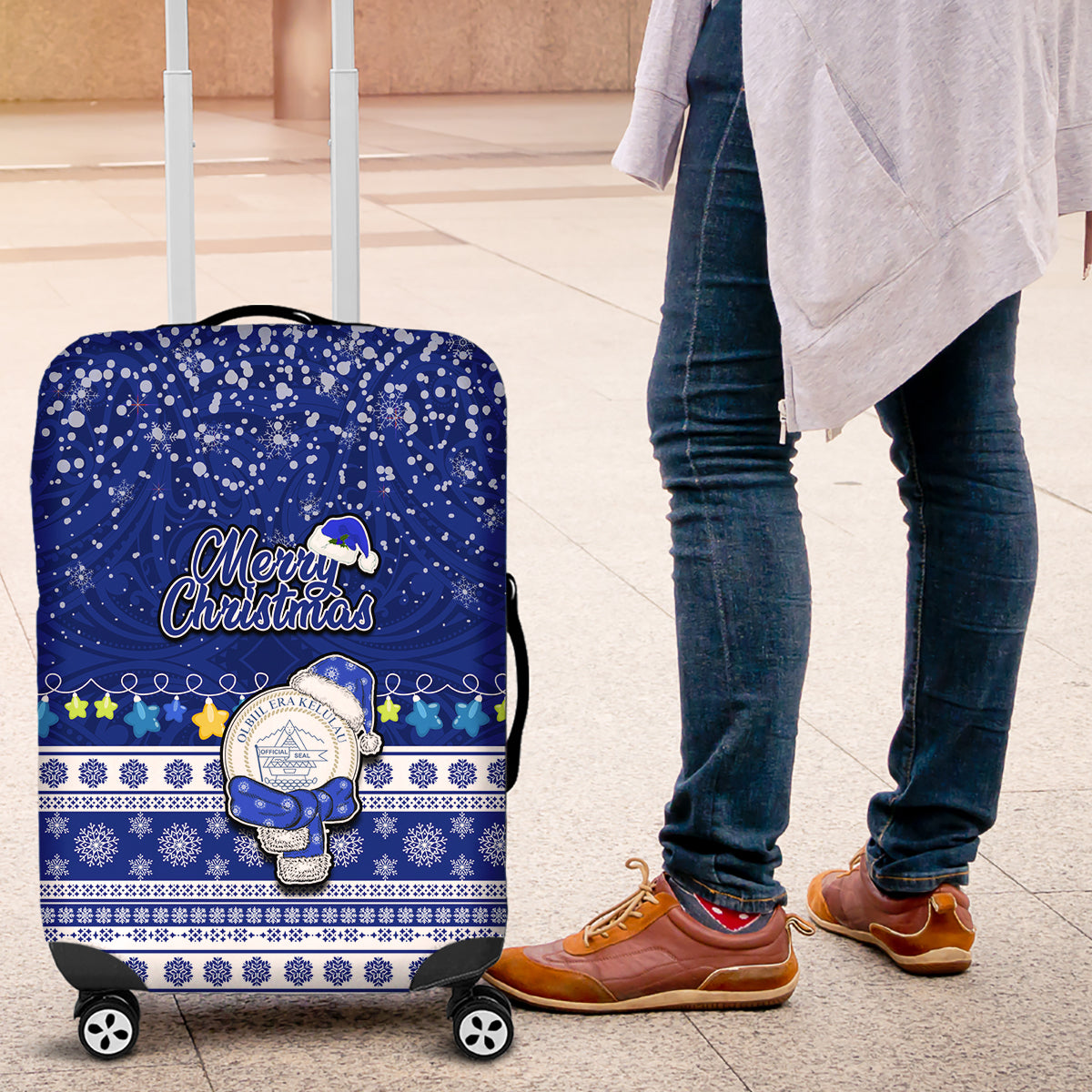 Palau Christmas Luggage Cover Snowman Hugs Palau Coat of Arms Maori Pattern Blue Style LT03 Blue - Polynesian Pride