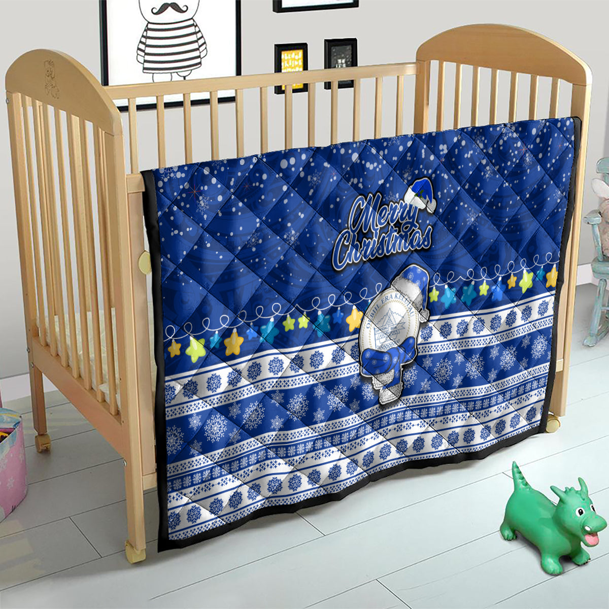 Palau Christmas Quilt Snowman Hugs Palau Coat of Arms Maori Pattern Blue Style LT03 - Polynesian Pride