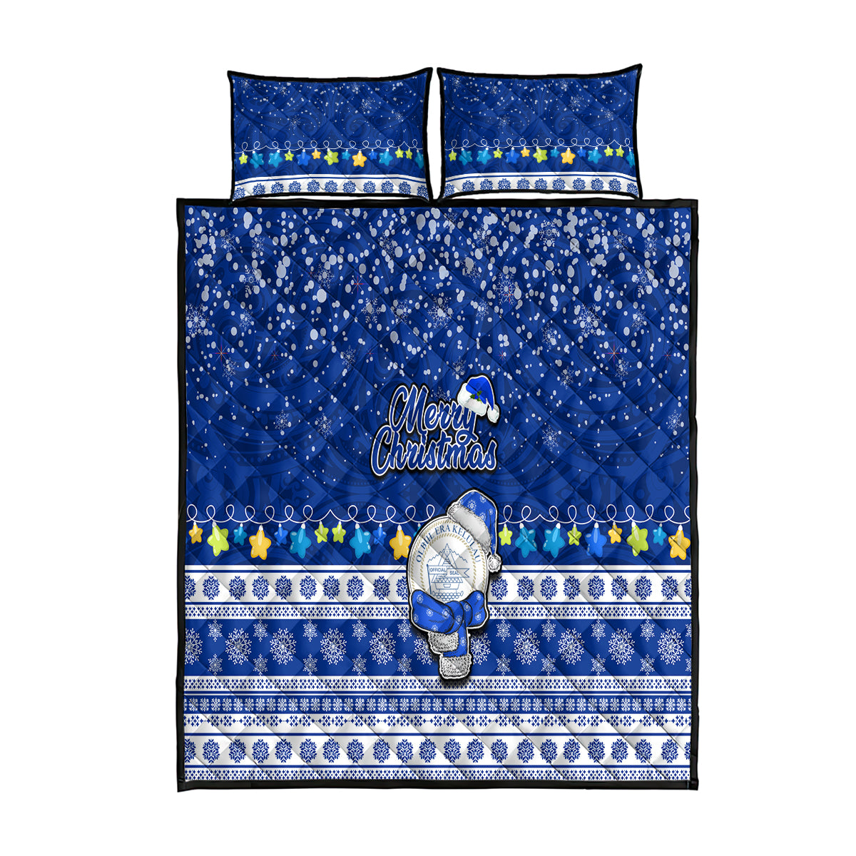 Palau Christmas Quilt Bed Set Snowman Hugs Palau Coat of Arms Maori Pattern Blue Style LT03 Blue - Polynesian Pride