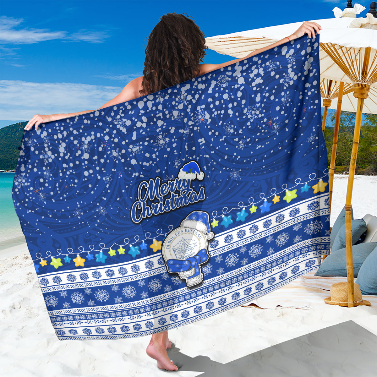 Palau Christmas Sarong Snowman Hugs Palau Coat of Arms Maori Pattern Blue Style LT03 One Size 44 x 66 inches Blue - Polynesian Pride