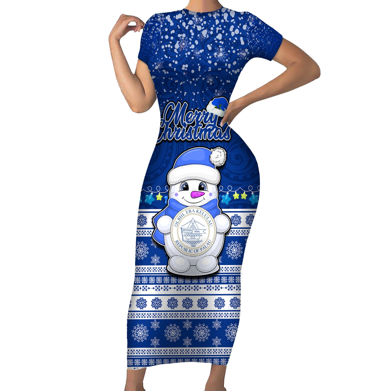 Palau Christmas Short Sleeve Bodycon Dress Snowman Hugs Palau Coat of Arms Maori Pattern Blue Style LT03 Long Dress Blue - Polynesian Pride