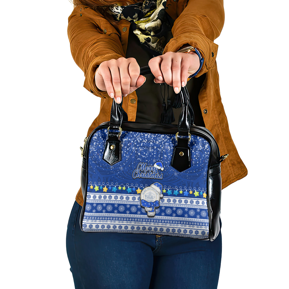 Palau Christmas Shoulder Handbag Snowman Hugs Palau Coat of Arms Maori Pattern Blue Style LT03 One Size Blue - Polynesian Pride