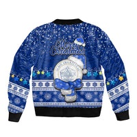 Palau Christmas Sleeve Zip Bomber Jacket Snowman Hugs Palau Coat of Arms Maori Pattern Blue Style LT03 - Polynesian Pride