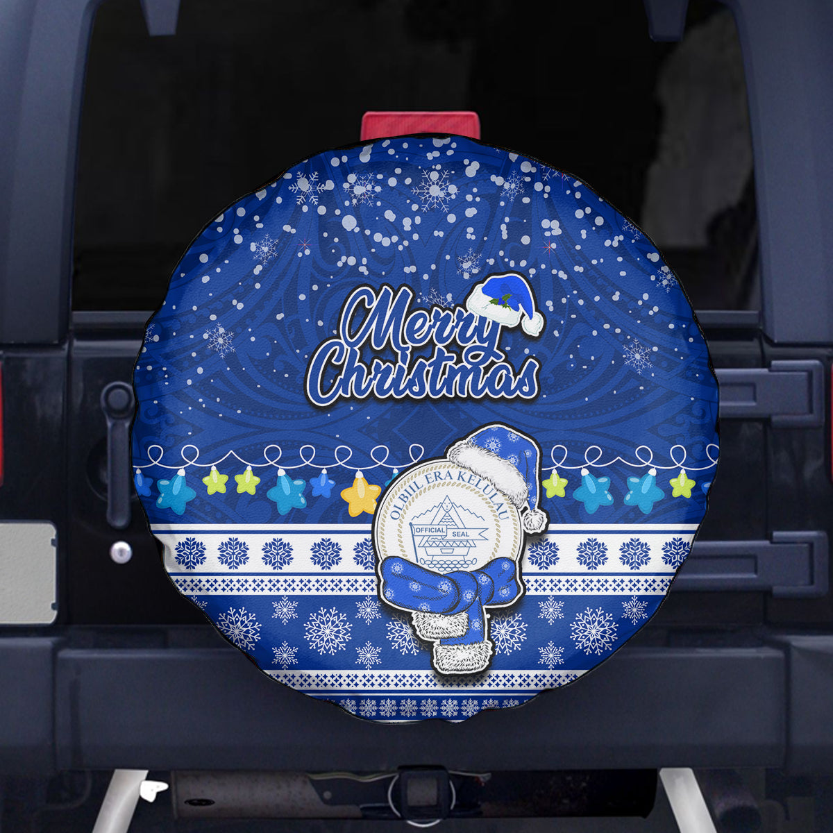 Palau Christmas Spare Tire Cover Snowman Hugs Palau Coat of Arms Maori Pattern Blue Style LT03 Blue - Polynesian Pride