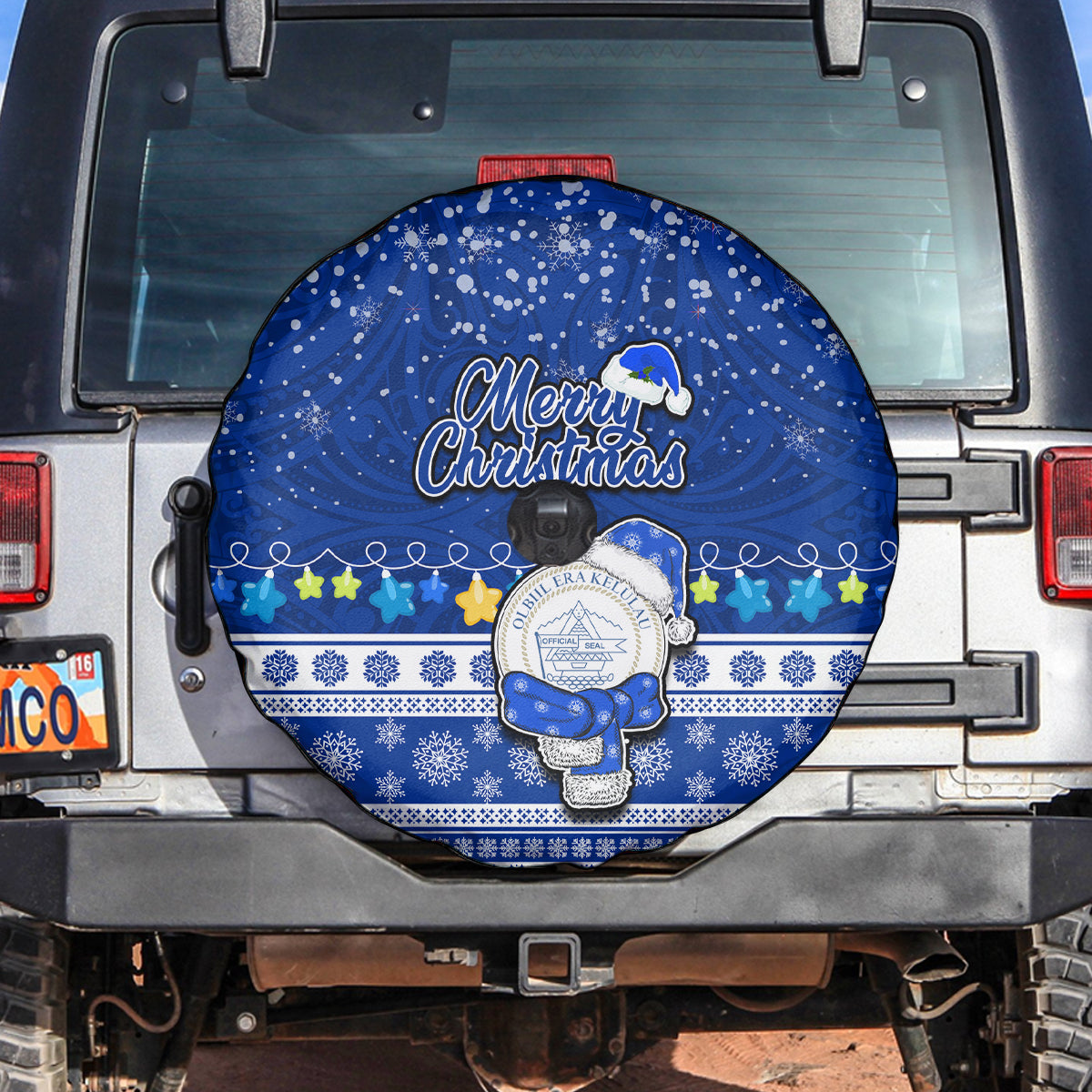 Palau Christmas Spare Tire Cover Snowman Hugs Palau Coat of Arms Maori Pattern Blue Style LT03 - Polynesian Pride