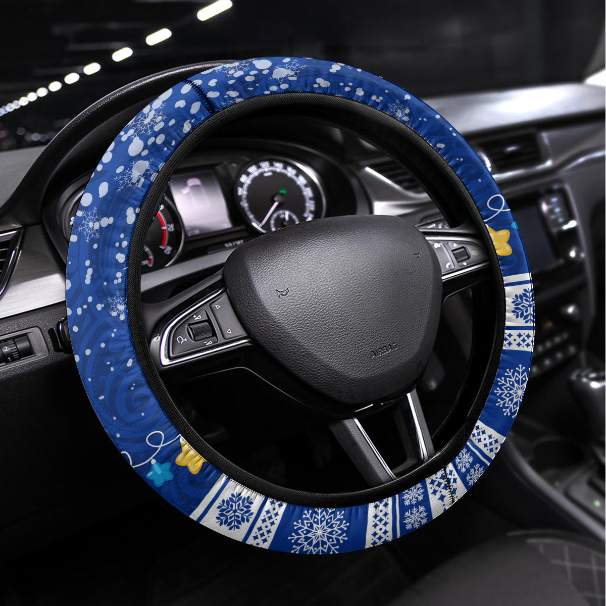 Palau Christmas Steering Wheel Cover Snowman Hugs Palau Coat of Arms Maori Pattern Blue Style