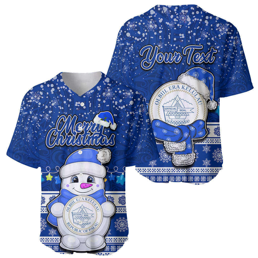 Personalised Palau Christmas Baseball Jersey Snowman Hugs Palau Coat of Arms Maori Pattern Blue Style LT03 - Polynesian Pride
