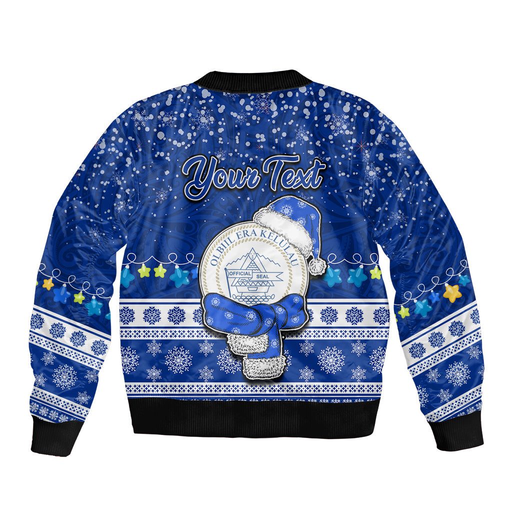 Personalised Palau Christmas Bomber Jacket Snowman Hugs Palau Coat of Arms Maori Pattern Blue Style LT03 - Polynesian Pride