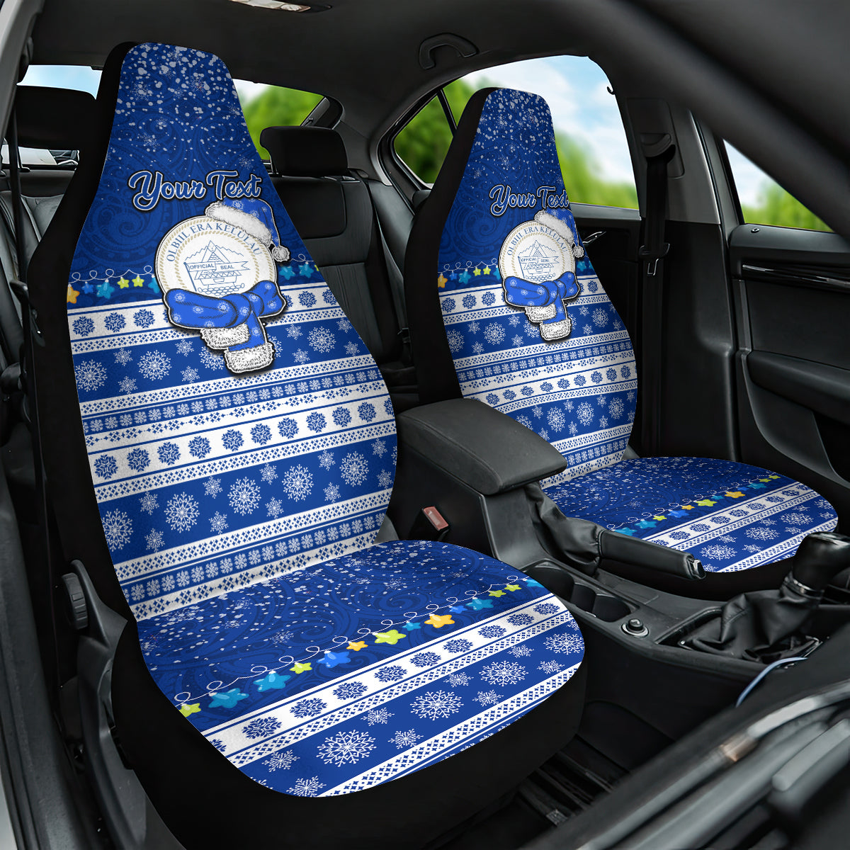 Personalised Palau Christmas Car Seat Cover Snowman Hugs Palau Coat of Arms Maori Pattern Blue Style LT03 One Size Blue - Polynesian Pride