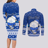 Personalised Palau Christmas Couples Matching Long Sleeve Bodycon Dress and Long Sleeve Button Shirt Snowman Hugs Palau Coat of Arms Maori Pattern Blue Style LT03 - Polynesian Pride