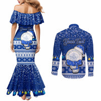 Personalised Palau Christmas Couples Matching Mermaid Dress and Long Sleeve Button Shirt Snowman Hugs Palau Coat of Arms Maori Pattern Blue Style LT03 - Polynesian Pride