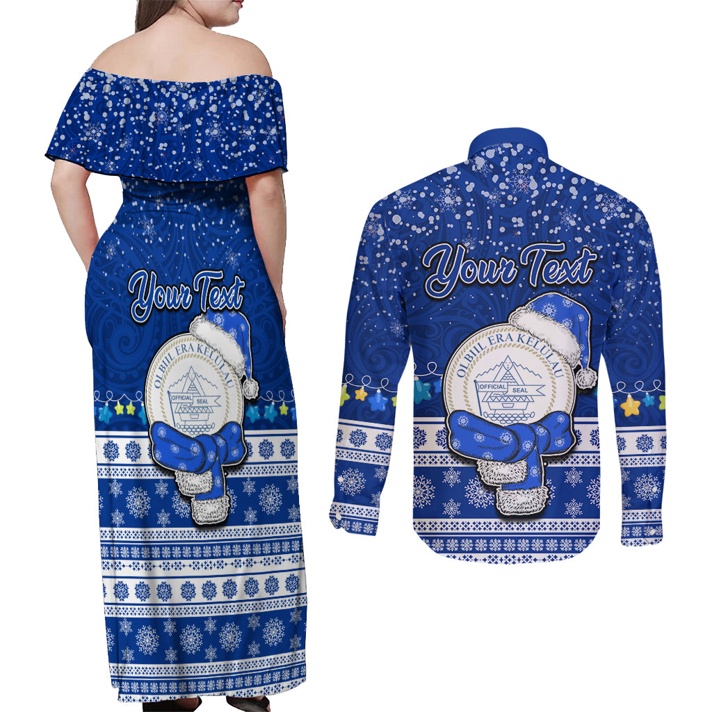 Personalised Palau Christmas Couples Matching Off Shoulder Maxi Dress and Long Sleeve Button Shirt Snowman Hugs Palau Coat of Arms Maori Pattern Blue Style LT03 - Polynesian Pride