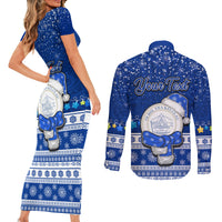 Personalised Palau Christmas Couples Matching Short Sleeve Bodycon Dress and Long Sleeve Button Shirt Snowman Hugs Palau Coat of Arms Maori Pattern Blue Style LT03 - Polynesian Pride