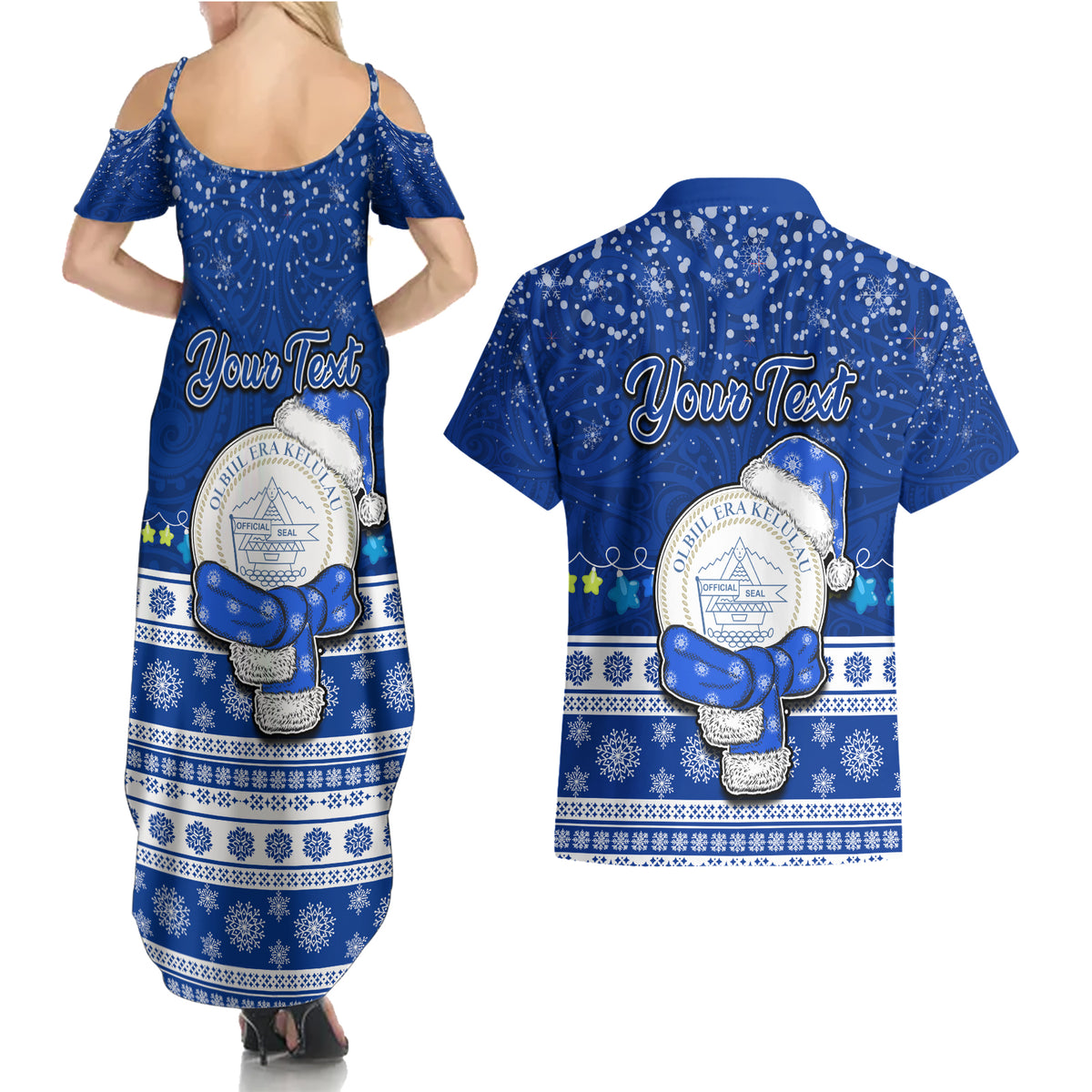 Personalised Palau Christmas Couples Matching Summer Maxi Dress and Hawaiian Shirt Snowman Hugs Palau Coat of Arms Maori Pattern Blue Style LT03 - Polynesian Pride