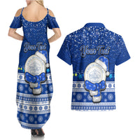 Personalised Palau Christmas Couples Matching Summer Maxi Dress and Hawaiian Shirt Snowman Hugs Palau Coat of Arms Maori Pattern Blue Style LT03 - Polynesian Pride