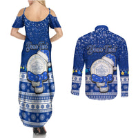 Personalised Palau Christmas Couples Matching Summer Maxi Dress and Long Sleeve Button Shirt Snowman Hugs Palau Coat of Arms Maori Pattern Blue Style LT03 - Polynesian Pride