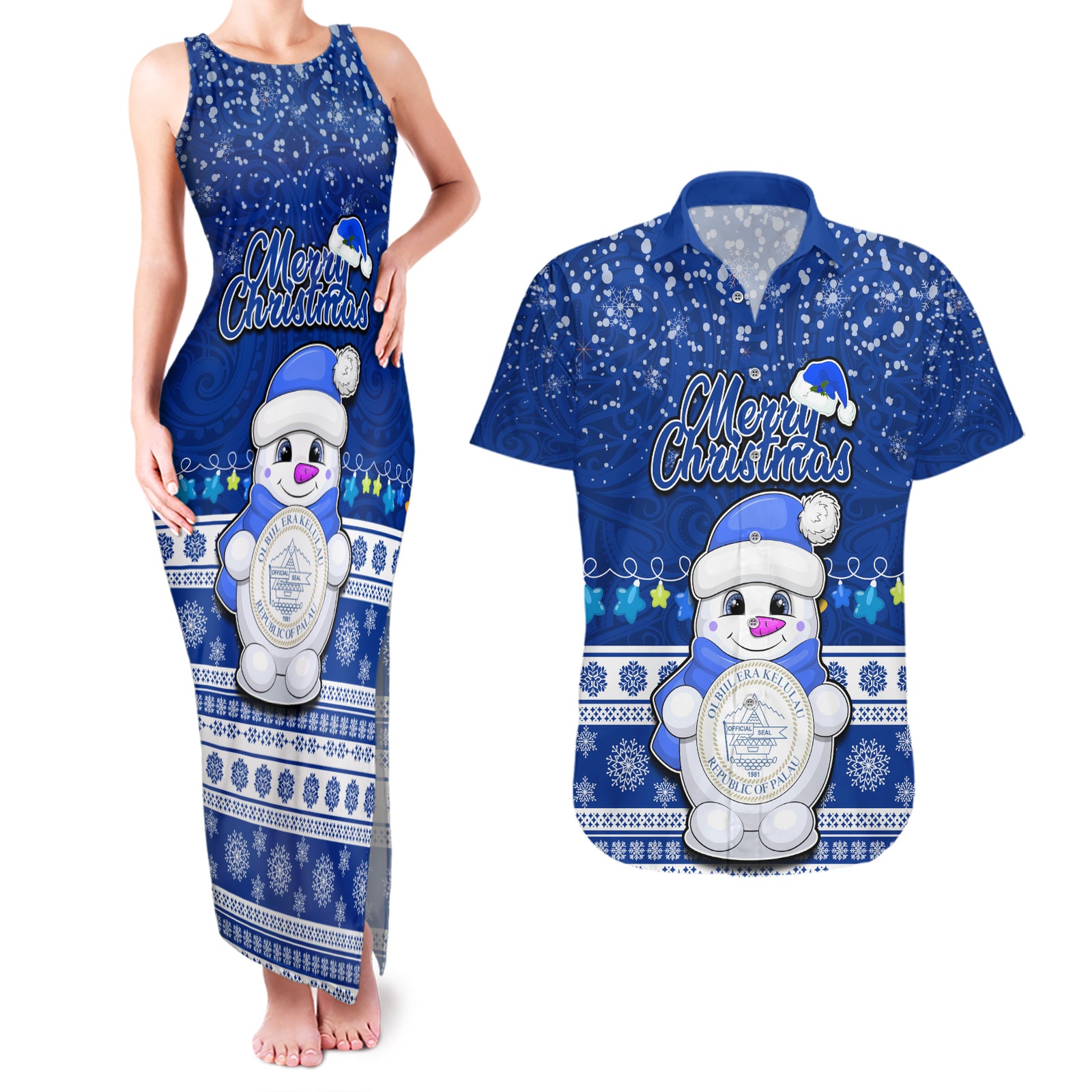 Personalised Palau Christmas Couples Matching Tank Maxi Dress and Hawaiian Shirt Snowman Hugs Palau Coat of Arms Maori Pattern Blue Style LT03 Blue - Polynesian Pride