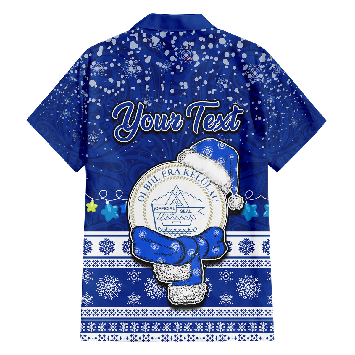 Personalised Palau Christmas Family Matching Puletasi Dress and Hawaiian Shirt Snowman Hugs Palau Coat of Arms Maori Pattern Blue Style LT03 - Polynesian Pride