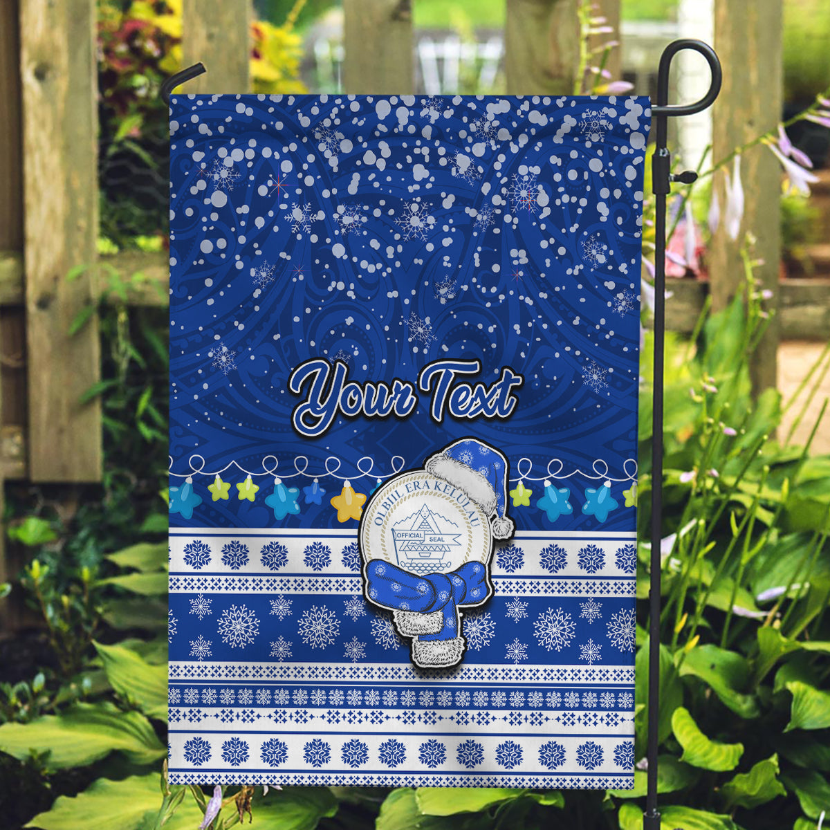 Personalised Palau Christmas Garden Flag Snowman Hugs Palau Coat of Arms Maori Pattern Blue Style LT03 Garden Flag Blue - Polynesian Pride