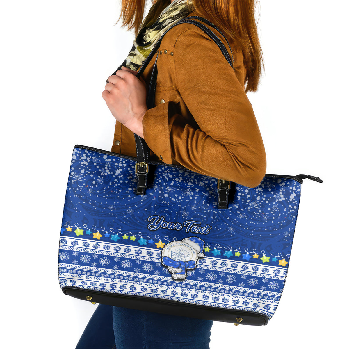 Personalised Palau Christmas Leather Tote Bag Snowman Hugs Palau Coat of Arms Maori Pattern Blue Style LT03 Blue - Polynesian Pride