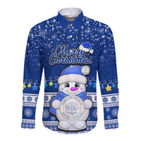 Personalised Palau Christmas Long Sleeve Button Shirt Snowman Hugs Palau Coat of Arms Maori Pattern Blue Style LT03 Unisex Blue - Polynesian Pride