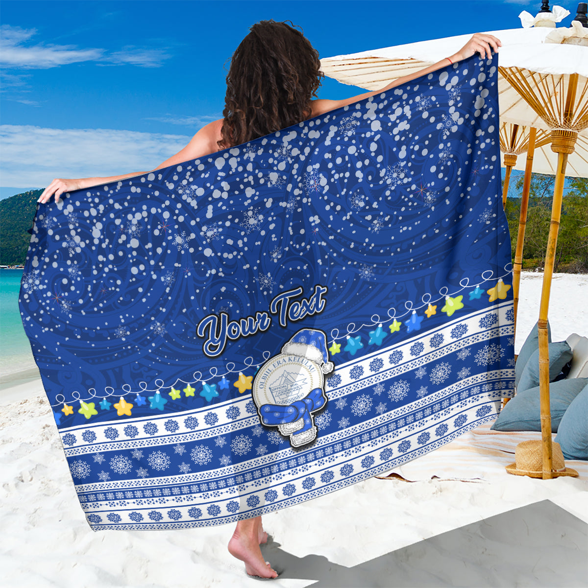 Personalised Palau Christmas Sarong Snowman Hugs Palau Coat of Arms Maori Pattern Blue Style LT03 One Size 44 x 66 inches Blue - Polynesian Pride