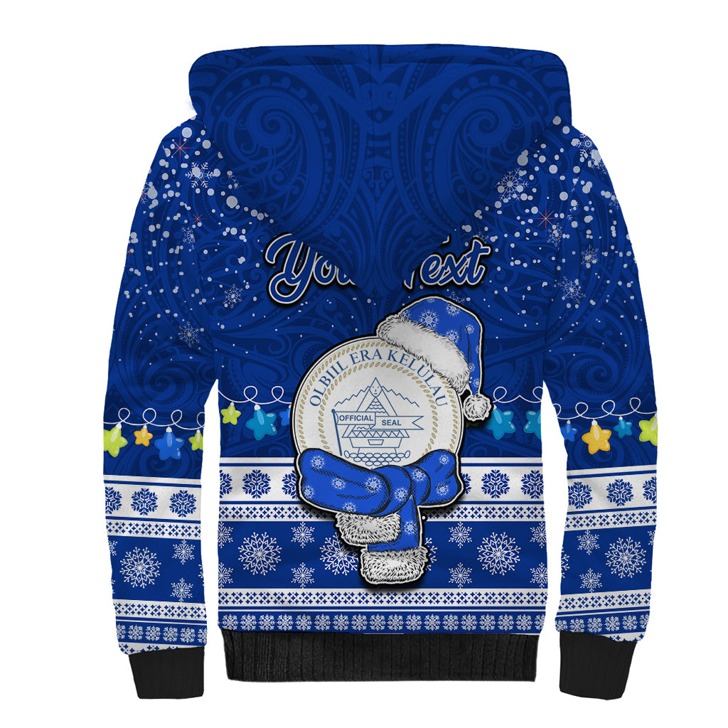 Personalised Palau Christmas Sherpa Hoodie Snowman Hugs Palau Coat of Arms Maori Pattern Blue Style LT03 - Polynesian Pride