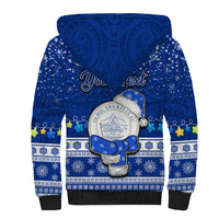 Personalised Palau Christmas Sherpa Hoodie Snowman Hugs Palau Coat of Arms Maori Pattern Blue Style LT03 - Polynesian Pride