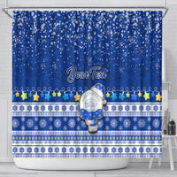 Personalised Palau Christmas Shower Curtain Snowman Hugs Palau Coat of Arms Maori Pattern Blue Style LT03 - Polynesian Pride