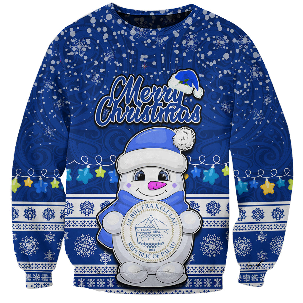 Personalised Palau Christmas Sweatshirt Snowman Hugs Palau Coat of Arms Maori Pattern Blue Style LT03 Unisex Blue - Polynesian Pride