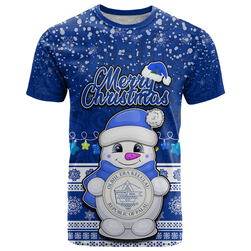 Personalised Palau Christmas T Shirt Snowman Hugs Palau Coat of Arms Maori Pattern Blue Style LT03 Blue - Polynesian Pride