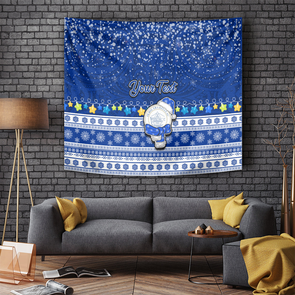 Personalised Palau Christmas Tapestry Snowman Hugs Palau Coat of Arms Maori Pattern Blue Style LT03 Blue - Polynesian Pride