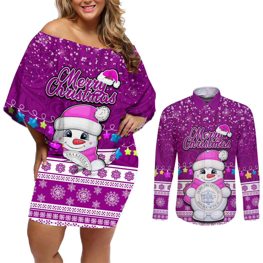 Palau Christmas Couples Matching Off Shoulder Short Dress and Long Sleeve Button Shirt Snowman Hugs Palau Coat of Arms Maori Pattern Pink Style LT03 Pink - Polynesian Pride