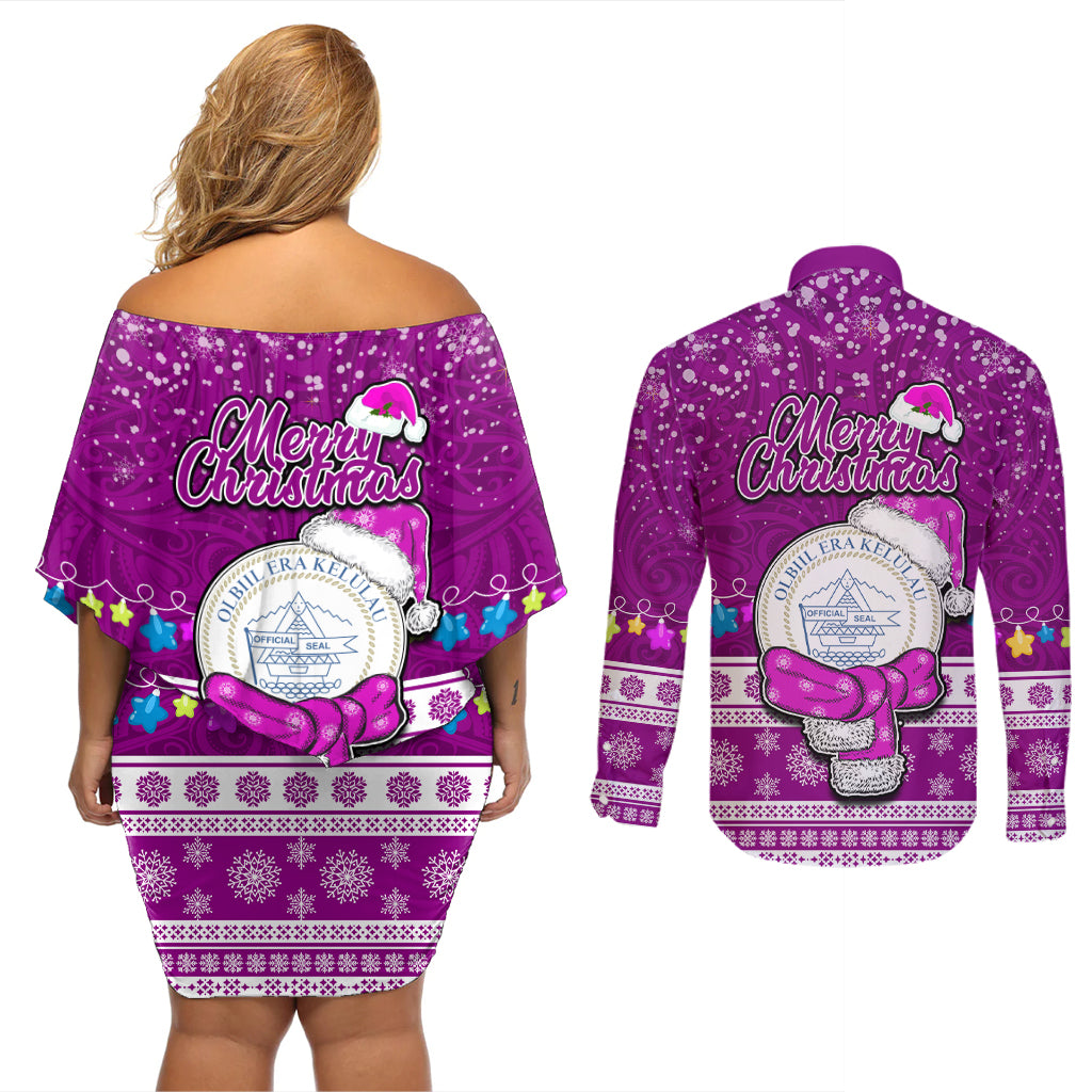 Palau Christmas Couples Matching Off Shoulder Short Dress and Long Sleeve Button Shirt Snowman Hugs Palau Coat of Arms Maori Pattern Pink Style LT03 - Polynesian Pride